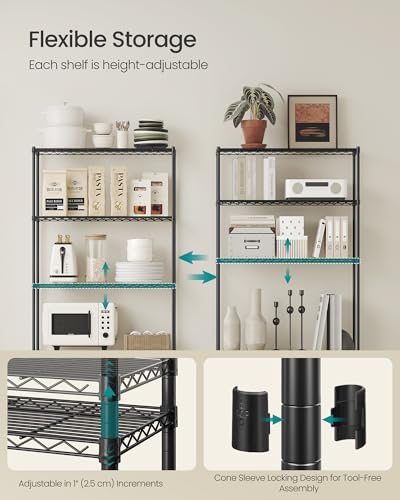 SONGMICS Black 5-Tier Adjustable Wire Shelving Unit with 8 Hooks, 11.8"D x 23.6"W