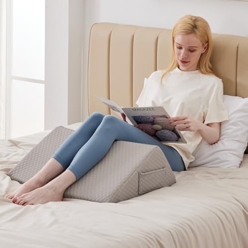 Grey Knee Wedge Pillow for Back & Leg Support - 8” Elevation & Pain Relief