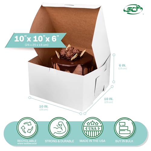 SCT White Non-Window Bakery Boxes 10x10x6 Inches - 100 Count, Paper, Lock-Corner Design