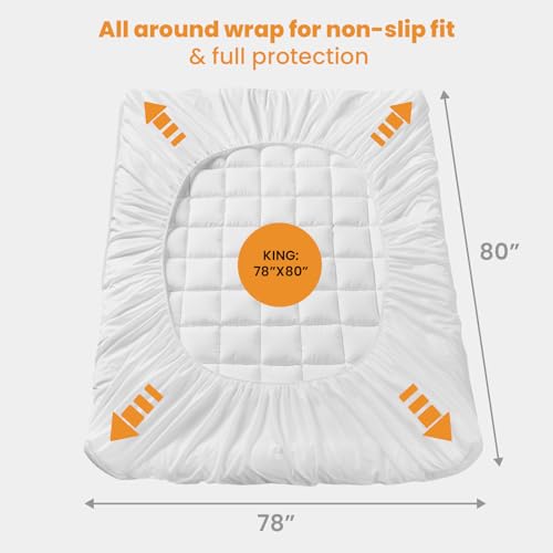 White Checkered King Size Cooling Mattress Topper 78x80 Inches - Deep Pocket, Quilted Fitted Protector