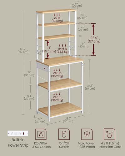 VASAGLE Coffee Bar & Kitchen Storage Rack with Power Outlet, 23.6" Golden Oak & White