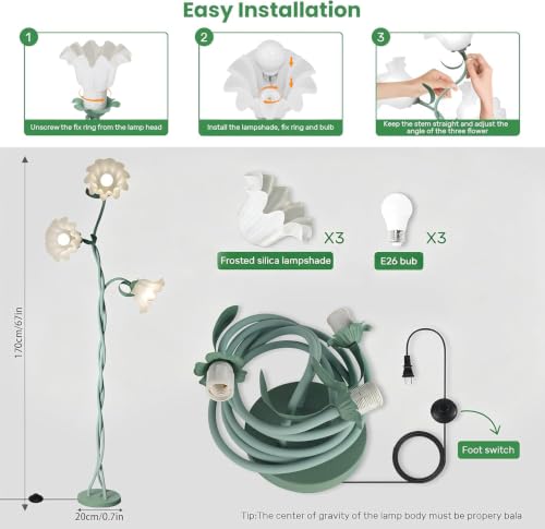 Loxphyn Green Flower Floor Lamp with 3 Adjustable Heads & 3 Color Temp, Modern LED Reading Light