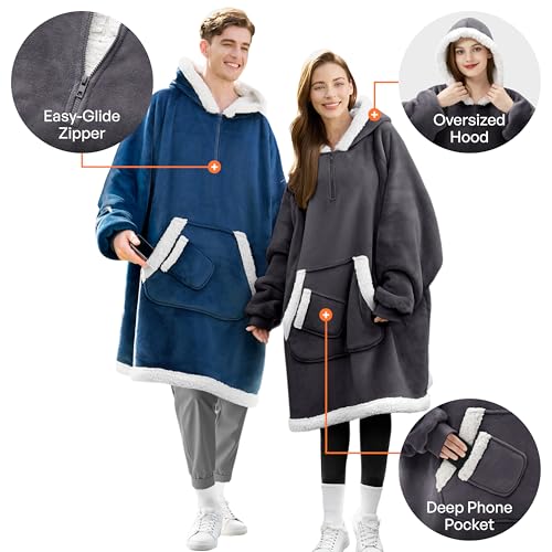 Giggling Getup Dark Gray Oversize Wearable Blanket Hoodie for Women & Men with Sherpa Fleece