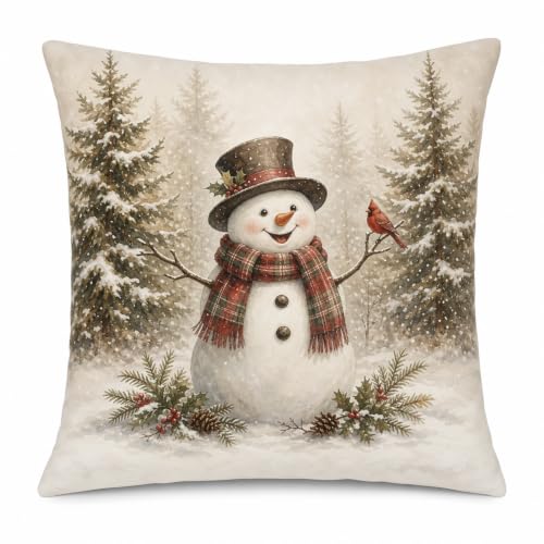 Brown Snowman Holiday Pillow Cover 18x18 for Xmas Winter Decor