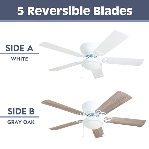 Indoor Ceiling Fan with Light - 52 Inch White & Gray Oak Blades, Flush Mount, Quiet 3-Speed