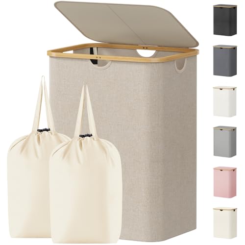 Large Laundry Basket with Lid and Removable Bags - 150L Beige, Collapsible & Easy Carry