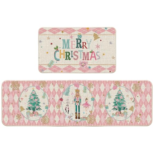 Artoid Mode Christmas Nutcracker Kitchen Mat Set of 2 Pink 17x29 & 17x59 Inches Winter Decor