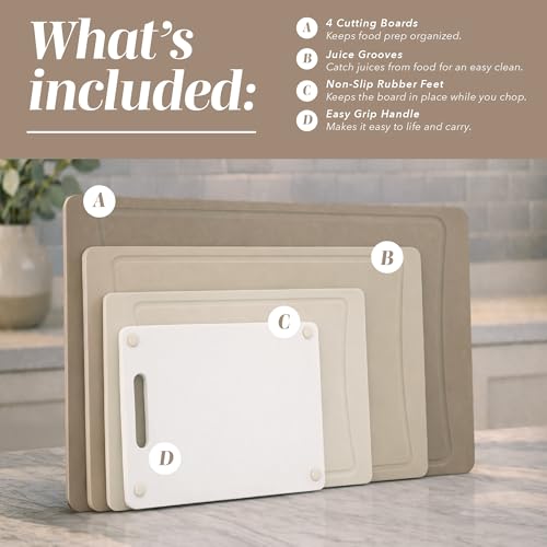 Cook With Color Non-Slip Cutting Board Set - 4 Sizes with Easy Grip Handles, Brown