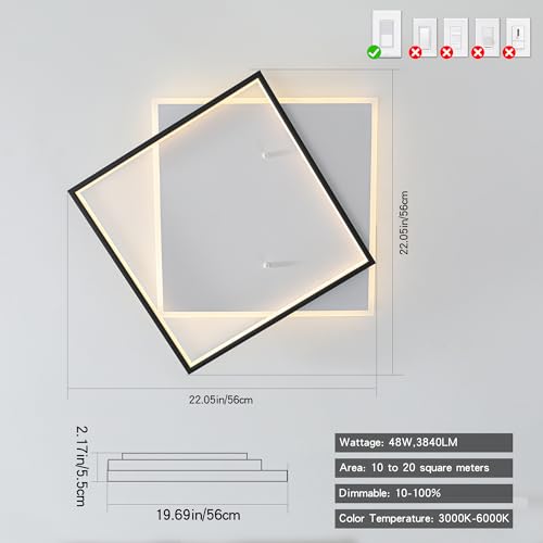 Square 1 Light Modern LED Ceiling Light Fixture - Dimmable Flush Mount 22" Black Bedroom Lighting with Remote