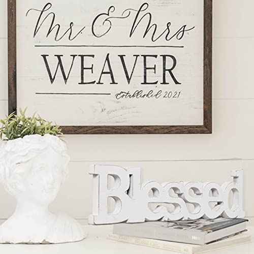 Farmhouse Wood Blessed Sign for Table 15", Hanging Distressed White Wall Decoration, Rustic Blessed Signs for Home Decor, Thanksgiving Christmas Signs Decor for Living Room