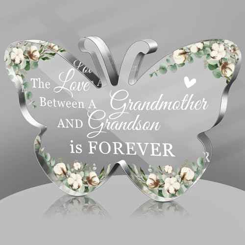 Jetec Grandma Gift Birthday Christmas Acrylic Gift Butterfly Shape Grandmother Sign from Granddaughter Grandson Thoughtful Mother's Day Ideas(Butterfly Grandson)