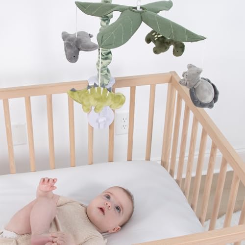 Musical Crib Mobile for Babies with Dino Safari Theme - Grey & Green Camo, 12 Lullabies