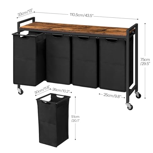 Rustic Brown & Black 4-Section Laundry Sorter with Wheels - 42 Gal