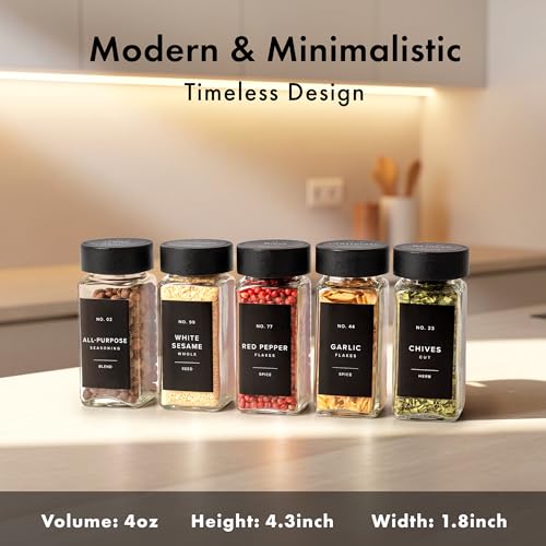 Glass Spice Jars with Black Bamboo Lids - Set of 24, Airtight Food Storage