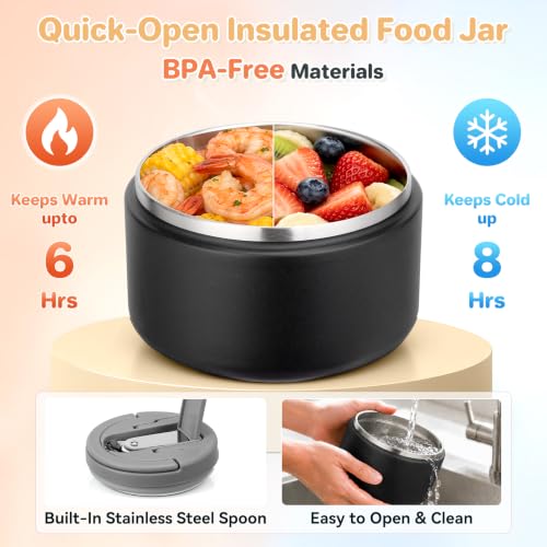 Kids Leakproof Bento Lunch Box Set with Insulated Soup Thermo - Black