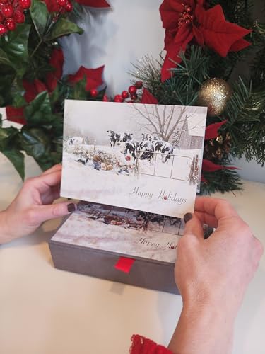 Farmhouse Christmas Cards Set of 14 - Snowy Cow & Kids Holiday Greeting Cards