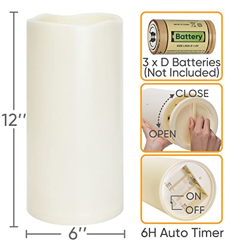 Homemory 6x12 Outdoor Waterproof Flameless Candle with Auto 6H Timer - Extra Large Weatherproof Patio Decor