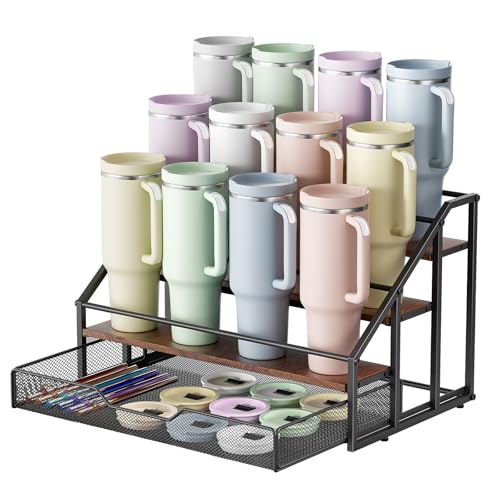 4-Tier Tumbler and Bottle Organizer Rack with Storage Basket - Natural Wood, Includes 12 Bottles