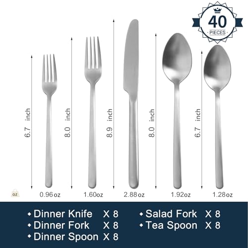 KINGSTONE 40-Piece Matte Silver Flatware Set for 8 - Modern Stainless Steel Cutlery