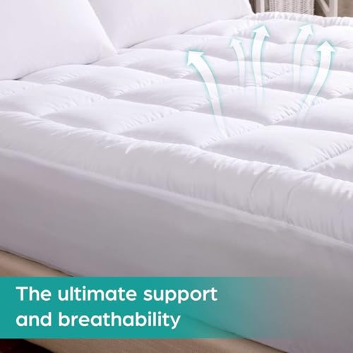 White Waterproof Queen Mattress Topper with Cotton Top & Quilted Fitted Cover - Non-Slip, Breathable, Noise-Free