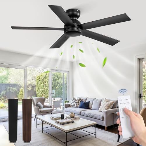 48 Inch Black Ceiling Fan No Light with Remote - Flush Mount, 6-Speed