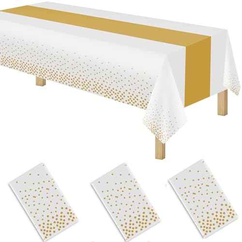 3 Pack 2in1 Disposable Plastic Tablecloths 54" x 108" White and Gold Dot Party Table Cloth Rectangle Table Cover for Wedding Birthday Baby Shower Anniversary Christmas New Year Party Decorations