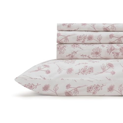 Floral Print Queen Linen Sheets Set - 100% Cotton, Mauve Botanical