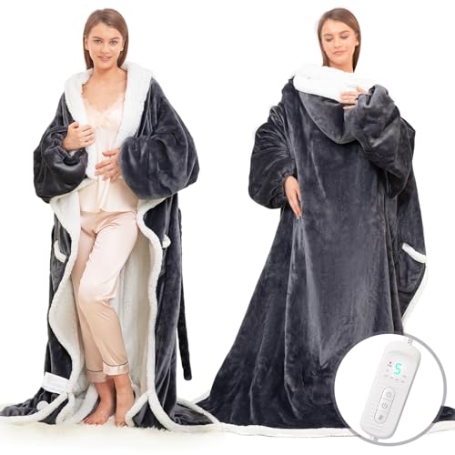 Grey Wearable Heated Blanket with Foot Pocket & Hood - Electric Throw with Sleeves, 8 Heat Levels, Auto-Off, Portable