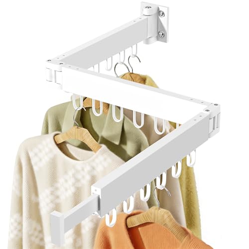 JAUREE Wall Mounted Clothes Drying Rack White - Space-Saving & Foldable Laundry Organizer with 18 Hooks