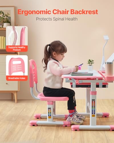Kids Study Desk and Chair Set with Tilting Desktop, Table Lamp & Adjustable Height - Pink