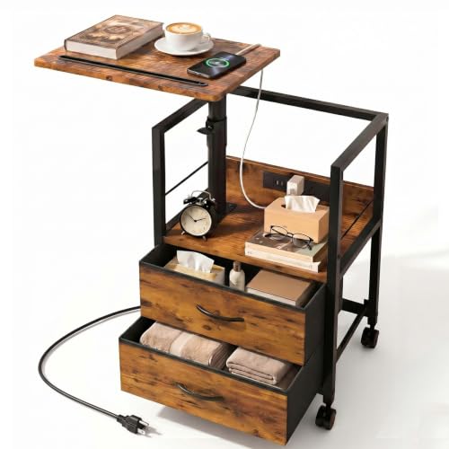 Faesun Nightstand with Charging Station & Swivel Top, 2 Drawers, Brown