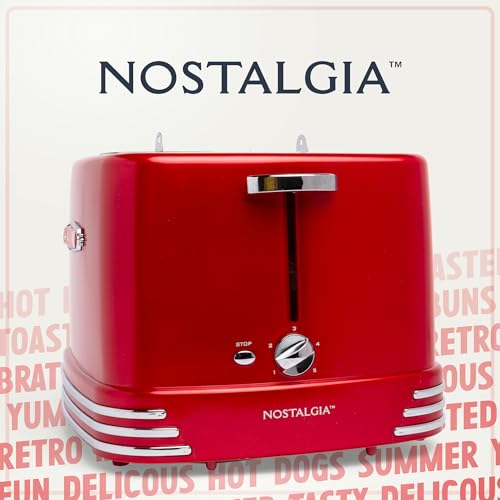 Metallic Red 4 Slot Hot Dog Toaster with Tongs & Adjustable Settings