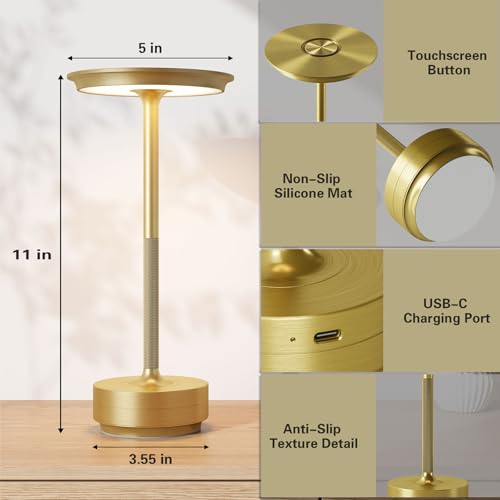 ZTFLOS Gold 2-Pack Rechargeable Cordless LED Table Lamps, Portable Battery Lights