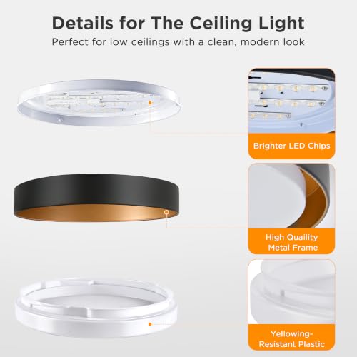 Matte Black 2-Pack Flush Mount LED Ceiling Lights - Dimmable 13in 3000K Daylight, Energy-Efficient Modern Lamp