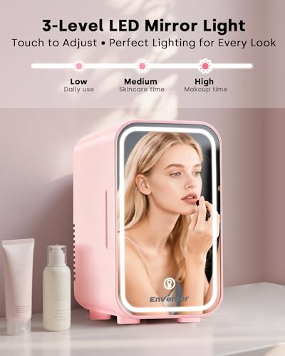 Pink Enventor Mini Fridge 6L Skincare & Makeup Cooler with LED Mirror