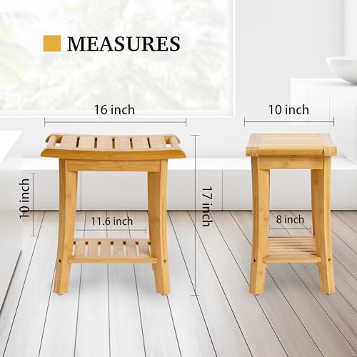 Small Natural Bamboo Shower Bench with Storage Shelf - 16x10x17 Inch