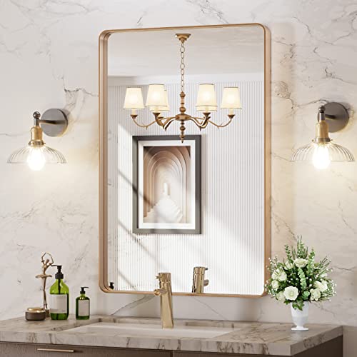 LOAAO 24x36 Inch Gold Bathroom Mirror - Modern Wall Mounted Vanity Mirror with Aluminum Frame