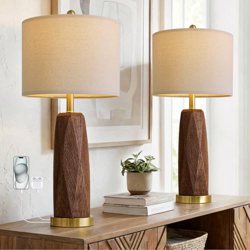 27.5 Inch Wooden Grain Table Lamps Set of 2 with USB Charging Ports - Rustic Resin Bedside Lamps with Linen Shade & Rotary Switch - Tall Nightstand Lighting for Bedroom & Living Room