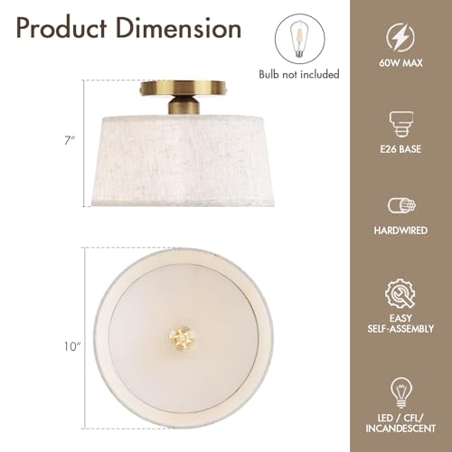 Beige 2 Pack Modern Ceiling Light Fixture 10 Inch Semi Flush Mount with Linen Shade