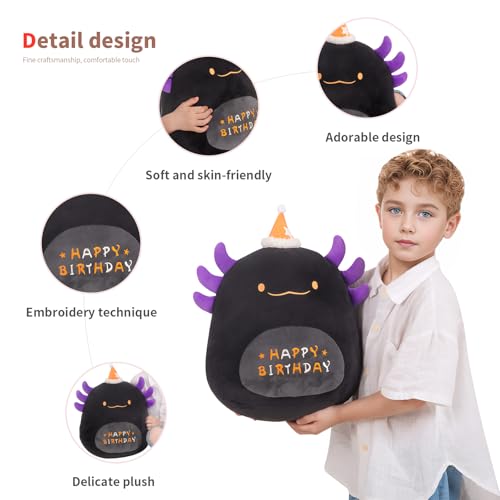 16 inch Happy Birthday Axolotl Plush Pillow, Cute Black Axolotl Stuffed Animal Home Room Decoration, Birthday Party Gift for Kids Boys Girls, Halloween, Christmas