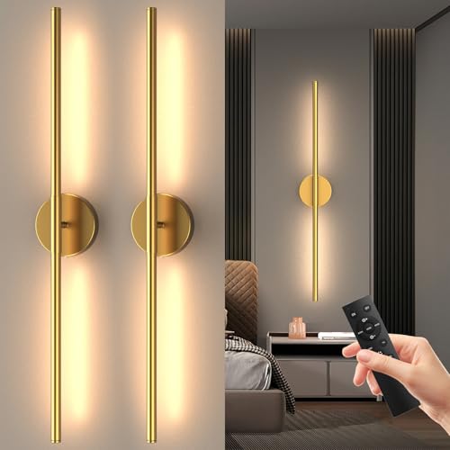 Tartek Gold Round 32 Inch Rechargeable LED Wall Sconce Set of 2, Dimmable & Remote Control