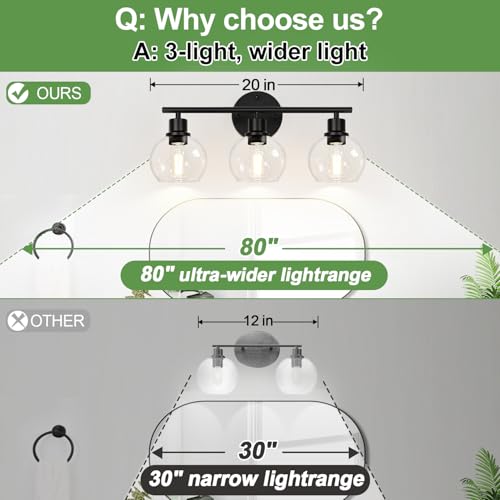 Indoi 3-Light Bathroom Vanity Light Fixture - Matte Black with Clear Glass Globes, Up & Down Mounting