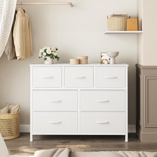 OLIXIS White 7-Drawer Fabric Dresser with Wooden Top, Bedroom & Closet Storage Tower