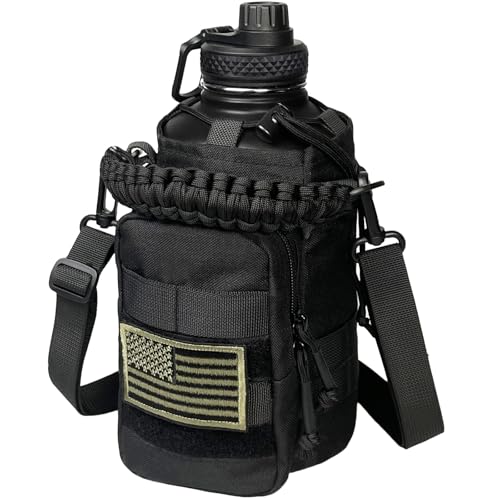 DEFUNX 64 Oz Insulated Water Bottle with Sleeve & Strap - All Black, Half Gallon Sports Jug