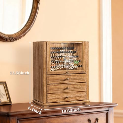 Wood Jewelry Box Organizer for Women - Rustic Brown, 96 Pairs Earring Display