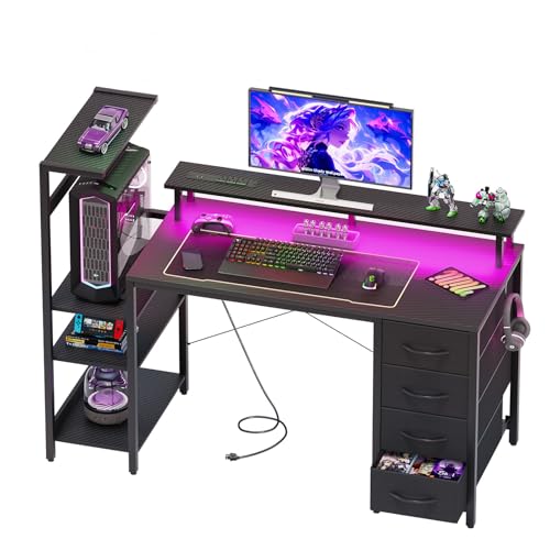 51-Inch Gaming Computer Desk with Drawers, Power Outlet & LED Lights - Black Variation