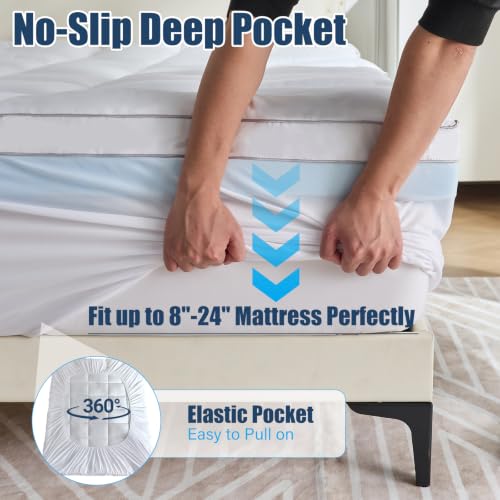 Aodenge White 4 Inch Dual Layer Queen Mattress Topper with Cooling Gel Memory Foam & Pillow Top, Deep Pocket