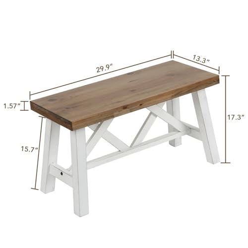 Wnutrees 30-inch White Farmhouse Solid Wood Entryway Bench, Rustic Style