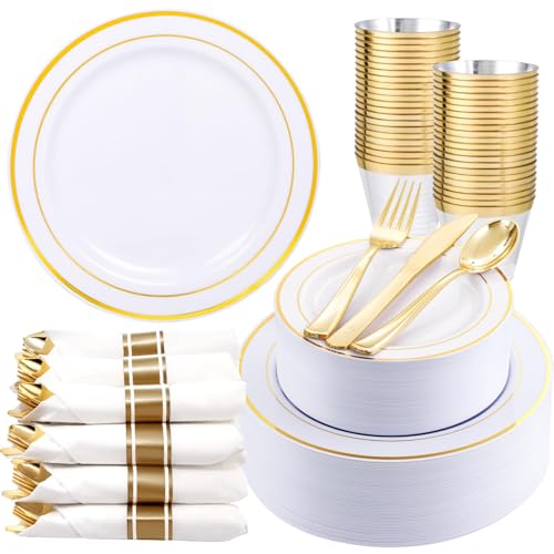 White and Gold Disposable Dinnerware Set for 50 Guests - 350 Pieces
