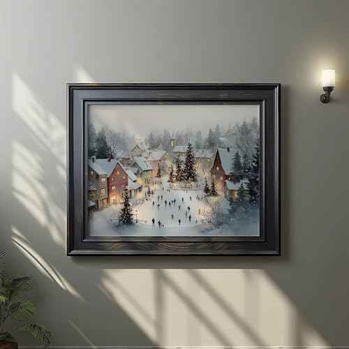 Christmas Village Winter Scene Wall Art Print, Ice Skating Holiday Painting, Snowy Town Square Christmas Decor, Rustic Farmhouse Holiday Wall Artwork, Cozy Festive Home Decoration (8X10inch-Unframed)